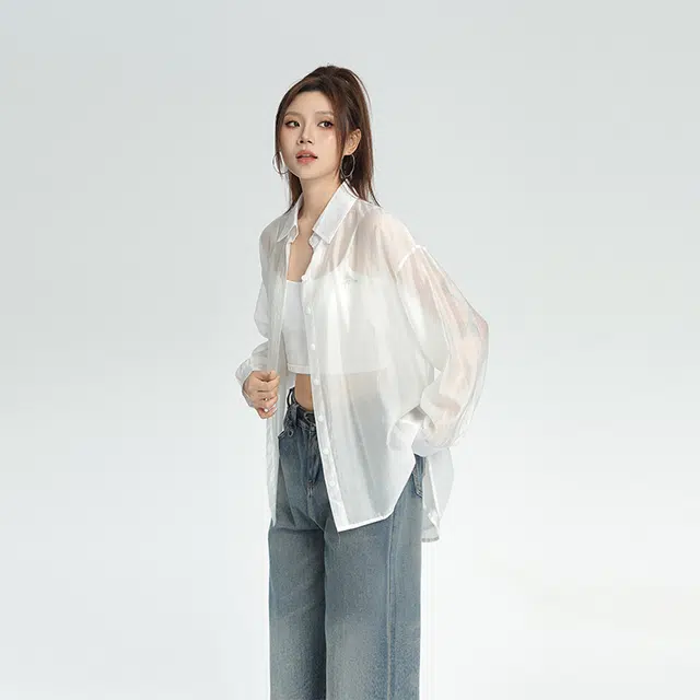 柏黛妃 百搭休纯色短款修身长袖衬衫 女款 白色