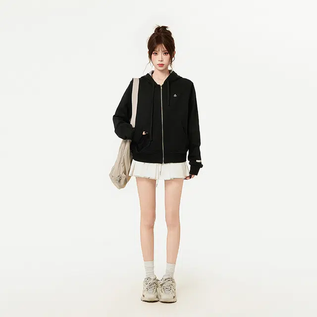 柏黛妃 美式条纹拉链连帽外穿外套帽衫设计感小众卫衣 女款 黑色