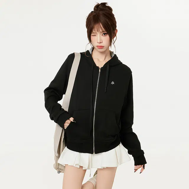 柏黛妃 美式条纹拉链连帽外穿外套帽衫设计感小众卫衣 女款 黑色