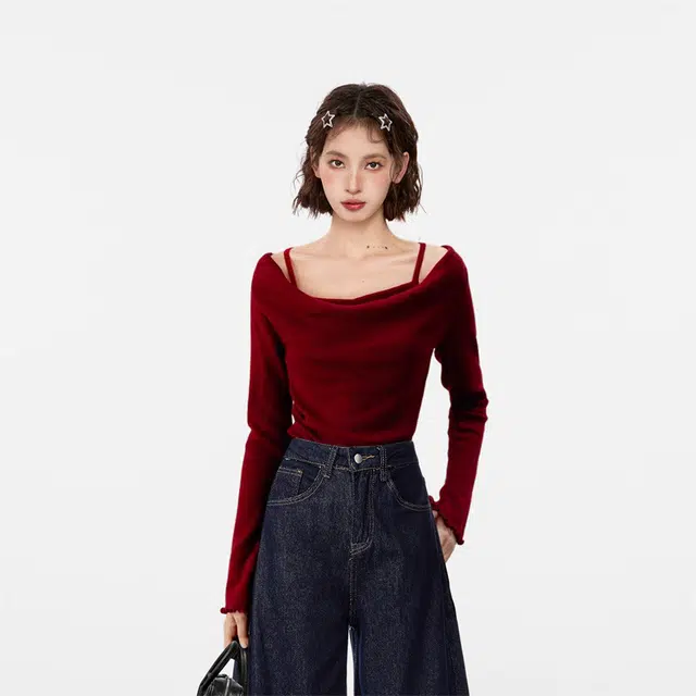 柏黛妃 假两件露肩短款修身内搭打底纯色长袖针织衫 女款 红色