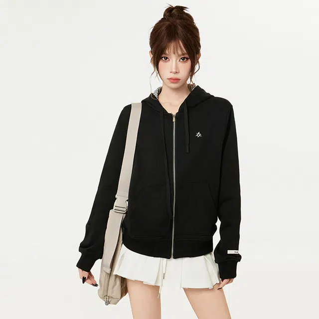 柏黛妃 美式条纹拉链连帽外穿外套帽衫设计感小众卫衣 女款 黑色