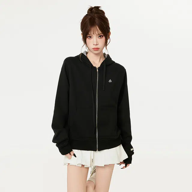 柏黛妃 美式条纹拉链连帽外穿外套帽衫设计感小众卫衣 女款 黑色