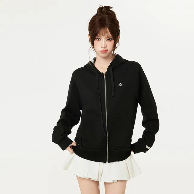 柏黛妃 美式条纹拉链连帽外穿外套帽衫设计感小众卫衣 女款 黑色