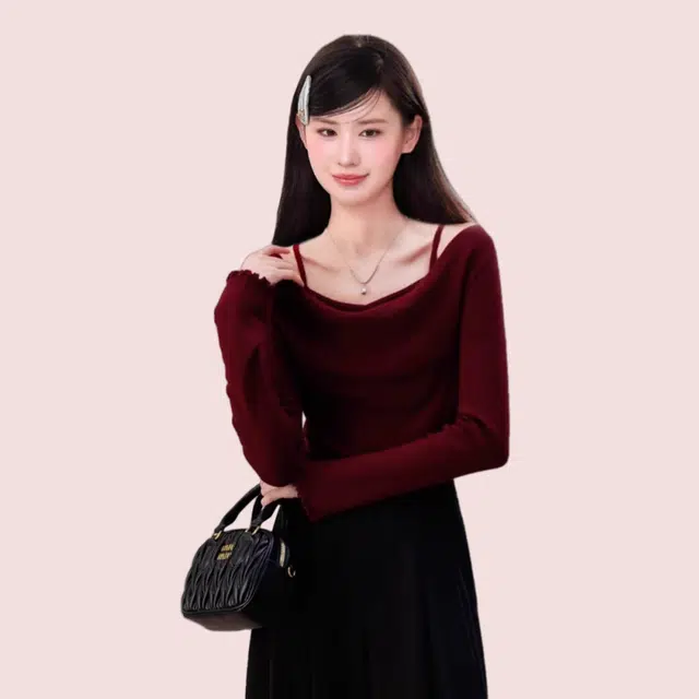 柏黛妃 假两件露肩短款修身内搭打底纯色长袖针织衫 女款 红色