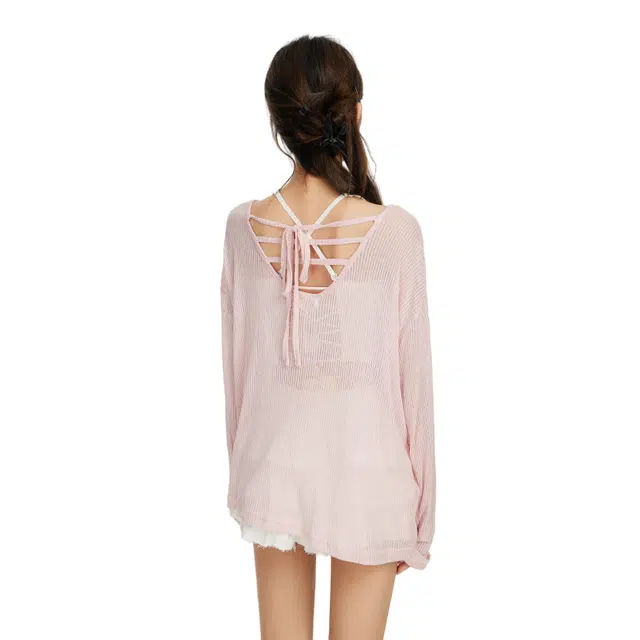 柏黛妃 夏季露背薄款防晒罩衫设计感小众外搭上衣正肩长袖针织衫 女款