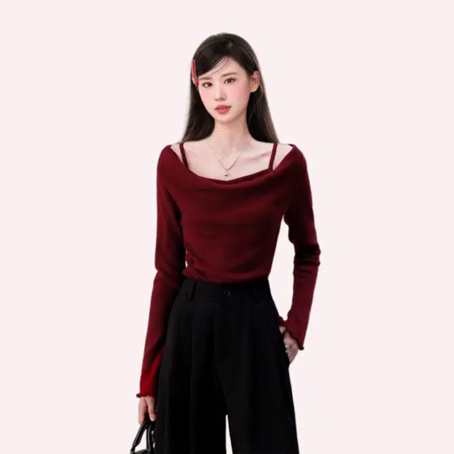 柏黛妃 假两件露肩短款修身内搭打底纯色长袖针织衫 女款 红色