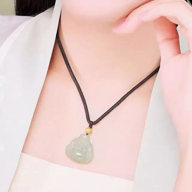 【配检测证书】 老福黄金 古风国潮佛公招财金钱珠路路通转运珠 和田玉 项链 男女同款情侣款 青白玉