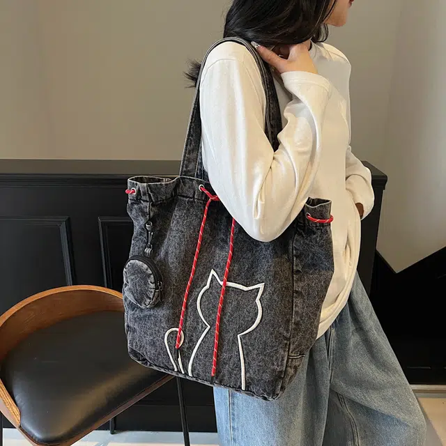笛贝嘉 日系可爱小猫百搭 布 托特包单肩包 女款 多色