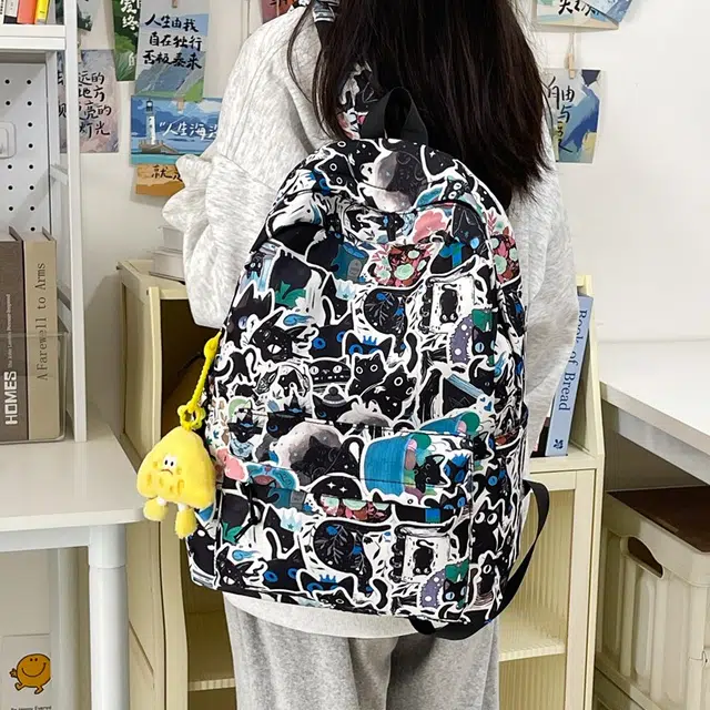 笛贝嘉 可爱卡通小猫印花大容量轻便 复合布 双肩包 男女同款情侣款 多色