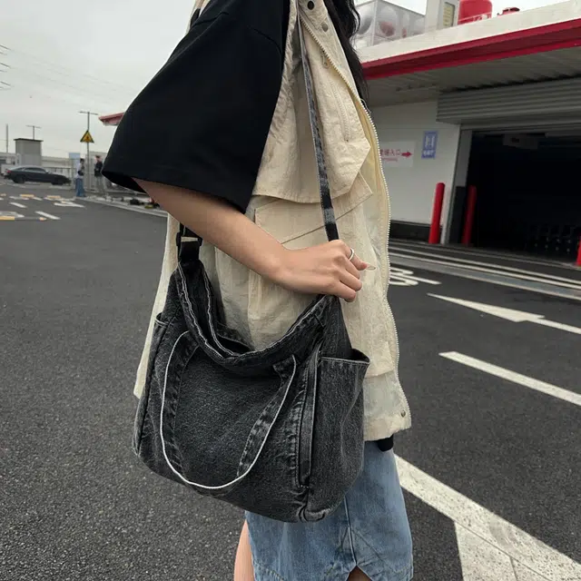 笛贝嘉 日系原宿风手提学生上课包单肩包女 牛仔布 斜挎包 常规 男女同款情侣款 蓝色