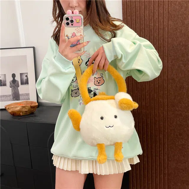 笛贝嘉 小众卡通可爱设计休闲简约日常时尚 毛绒 手提斜挎包 女款 白黄拼色