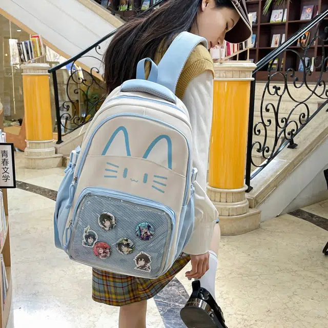 笛贝嘉 韩版可爱清新猫咪大容量森系百搭 复合布 双肩包 男女同款情侣款 多色