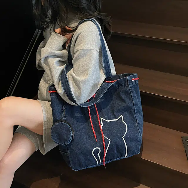 笛贝嘉 日系可爱小猫百搭 布 托特包单肩包 女款 多色
