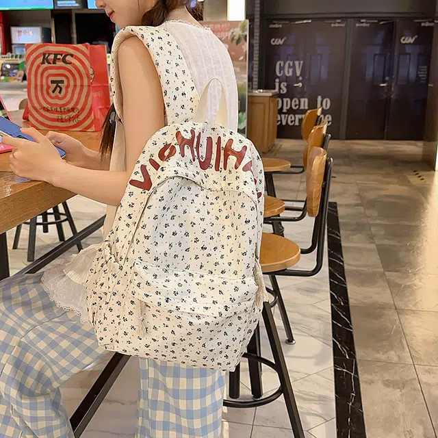 笛贝嘉 韩版森系花朵字母大容量 尼龙 双肩包 男女同款情侣款 多色