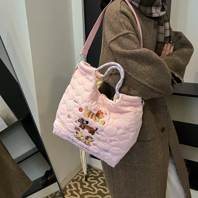 笛贝嘉 日系可爱卡通小狗清新奶呼呼单肩包斜挎菜篮子 牛津布 手提包 常规 女款 多色
