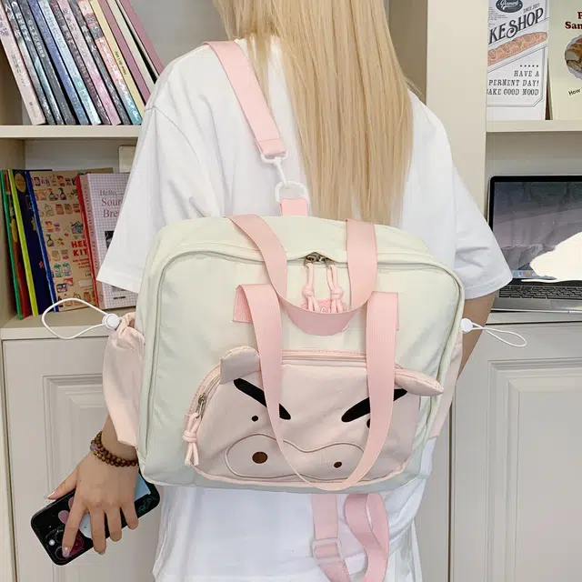 笛贝嘉 高颜值可爱卡通小猪拼色多用背包轻便百搭学生书包时尚 尼龙布 双肩包 常规 女款 粉色/蓝色