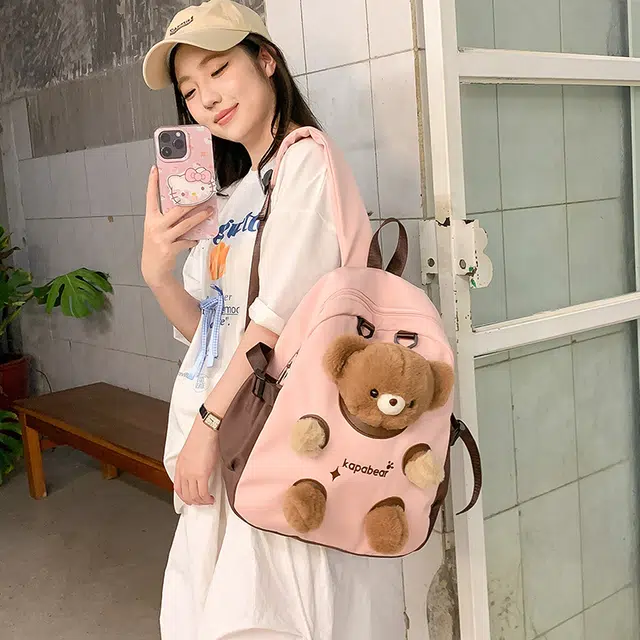 笛贝嘉 韩版可爱卡通小熊玩偶高颜值 复合布 双肩包 常规 男女同款情侣款 多色