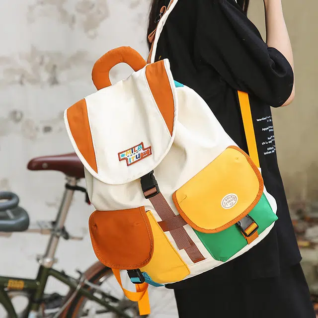 笛贝嘉 小众拼色抽绳学生上课复古百搭 尼龙 双肩包 男女同款情侣款 橘色/黄色