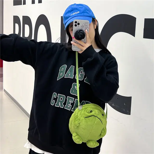 笛贝嘉 可爱卡通青蛙高颜值 毛绒 单肩斜挎包 常规 女款 绿色