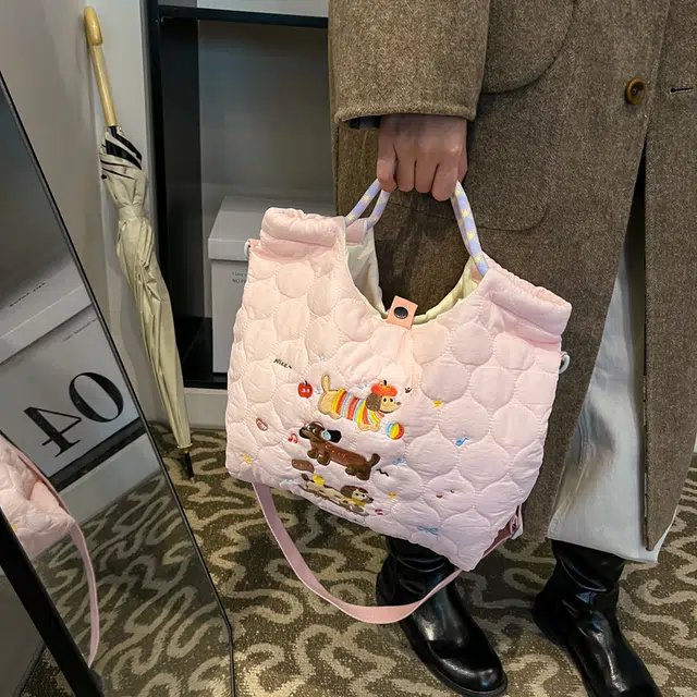 笛贝嘉 日系可爱卡通小狗清新奶呼呼单肩包斜挎菜篮子 牛津布 手提包 常规 女款 多色
