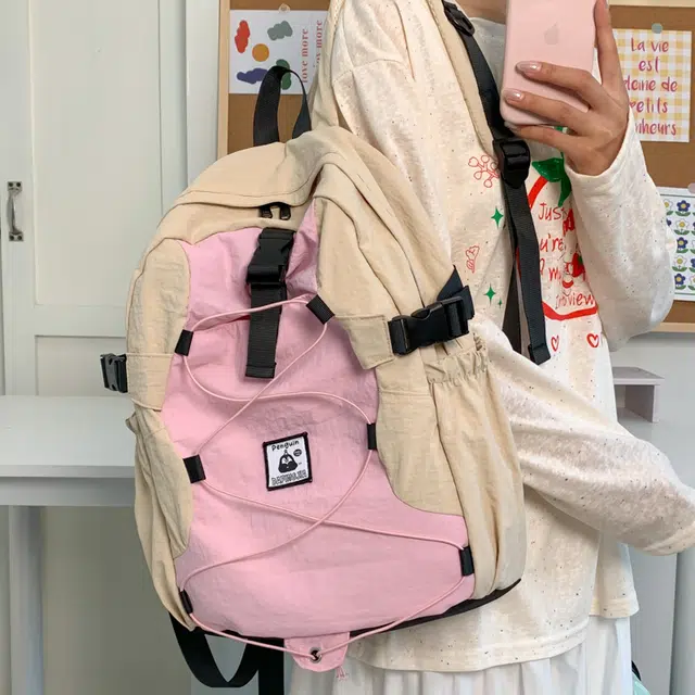 笛贝嘉 日系潮牌拼色褶皱大容量轻便户外旅行背包 尼龙 双肩包 男女同款情侣款 多色