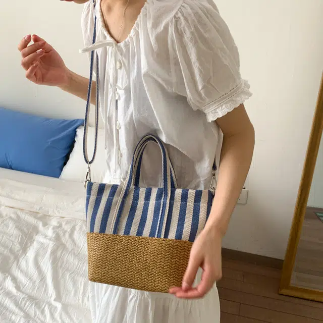笛贝嘉 小众设计感时尚百搭复古 帆布 手提包 常规 女款 蓝色/红色