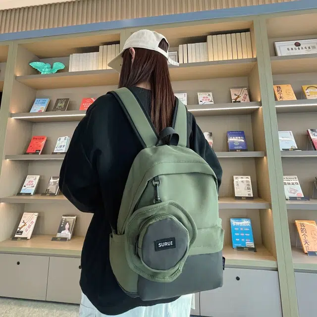 笛贝嘉 日系休闲小众拼色大容量背包简约通勤轻便 帆布 双肩包 男女同款情侣款 黄色/卡其色/紫色/绿色