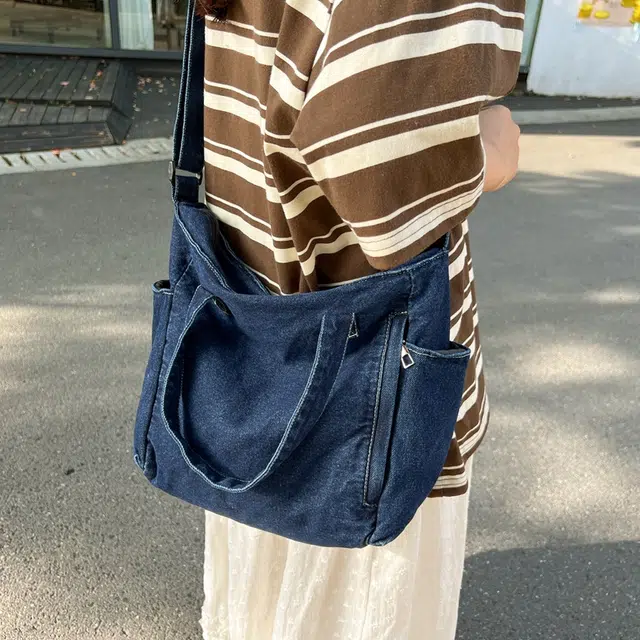 笛贝嘉 日系原宿风手提学生上课包单肩包女 牛仔布 斜挎包 常规 男女同款情侣款 蓝色