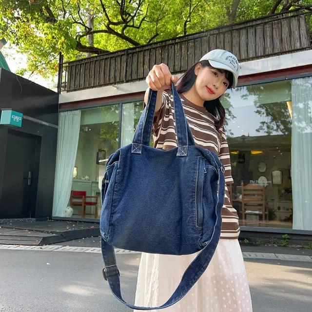 笛贝嘉 日系原宿风手提学生上课包单肩包女 牛仔布 斜挎包 常规 男女同款情侣款 蓝色