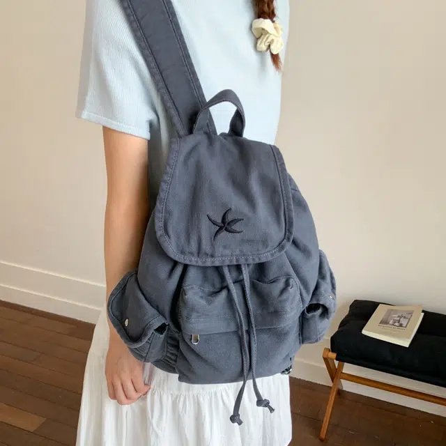 笛贝嘉 日系复古原宿抽绳大容量背包学生书包通勤百搭简约 帆布 双肩包 男女同款情侣款 黑色/灰色