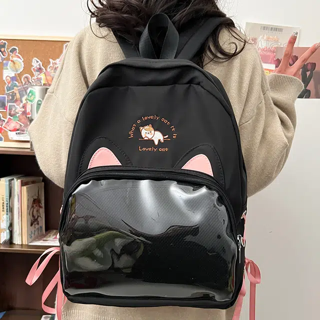 笛贝嘉 日系可爱猫咪透明清新百搭 尼龙 双肩包 女款 多色