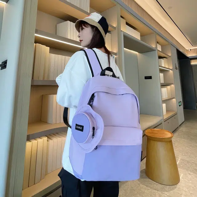 笛贝嘉 日系休闲小众拼色大容量背包简约通勤轻便 帆布 双肩包 男女同款情侣款 黄色/卡其色/紫色/绿色