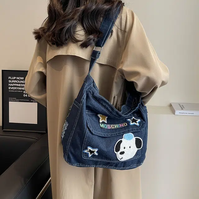 笛贝嘉 日系可爱卡通小狗休闲减龄学生上课托特包通勤 牛仔布 单肩斜挎包 常规 女款 多色
