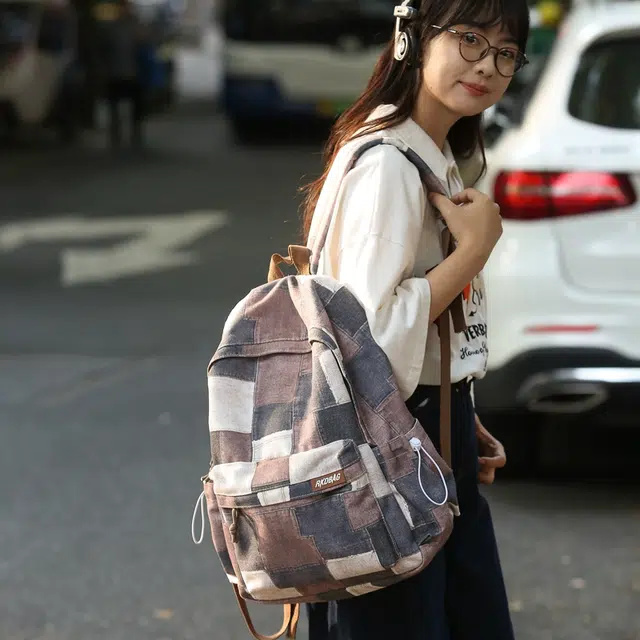 笛贝嘉 日系原宿风拼色格子大容量 帆布 双肩包 男女同款情侣款