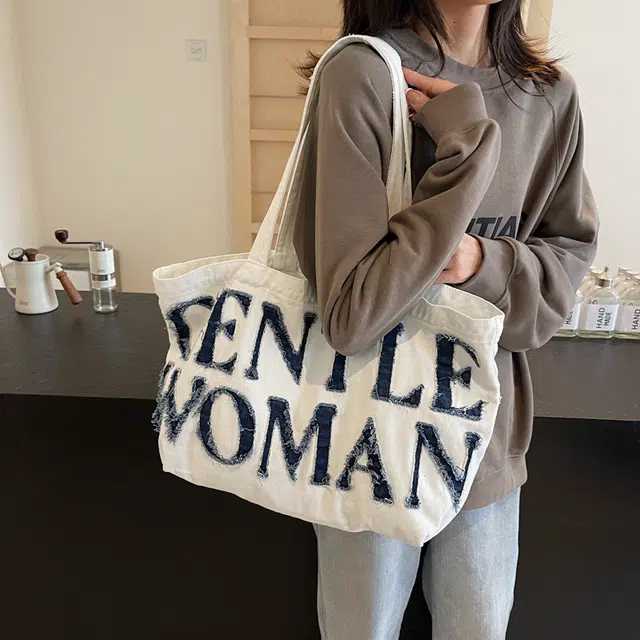 笛贝嘉 日系通勤字母托特包 牛仔布 单肩包 常规 女款 米白色/蓝色