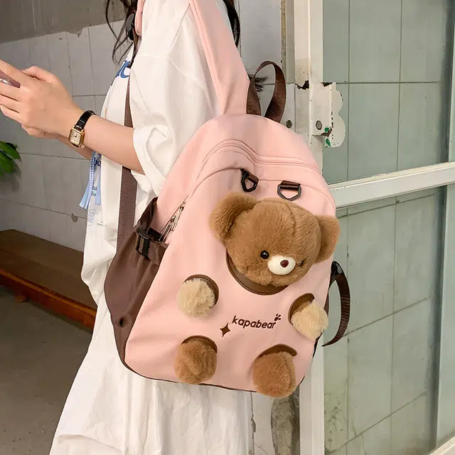 笛贝嘉 韩版可爱卡通小熊玩偶高颜值 复合布 双肩包 常规 男女同款情侣款 多色