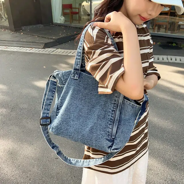 笛贝嘉 日系原宿风手提学生上课包单肩包女 牛仔布 斜挎包 常规 男女同款情侣款 蓝色