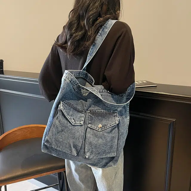 笛贝嘉 日系简约休闲运动风大容量托特包女学生上课包时尚设计感 牛仔布 单肩包 常规 女款 多色