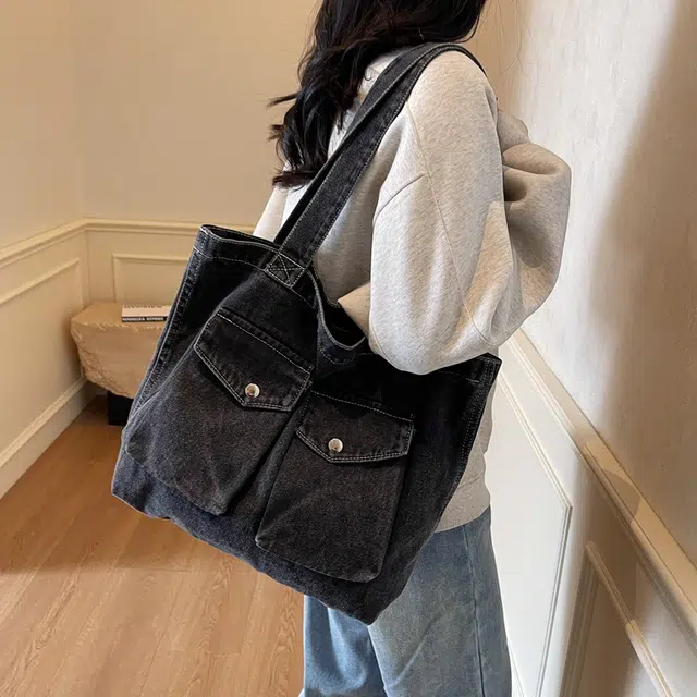 笛贝嘉 日系简约休闲运动风大容量托特包女学生上课包时尚设计感 牛仔布 单肩包 常规 女款 多色