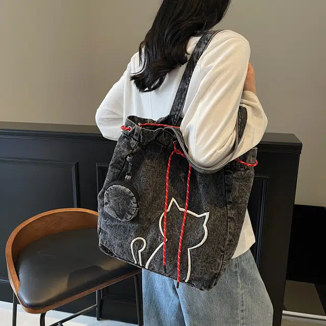 笛贝嘉 日系可爱小猫百搭 布 托特包单肩包 女款 多色