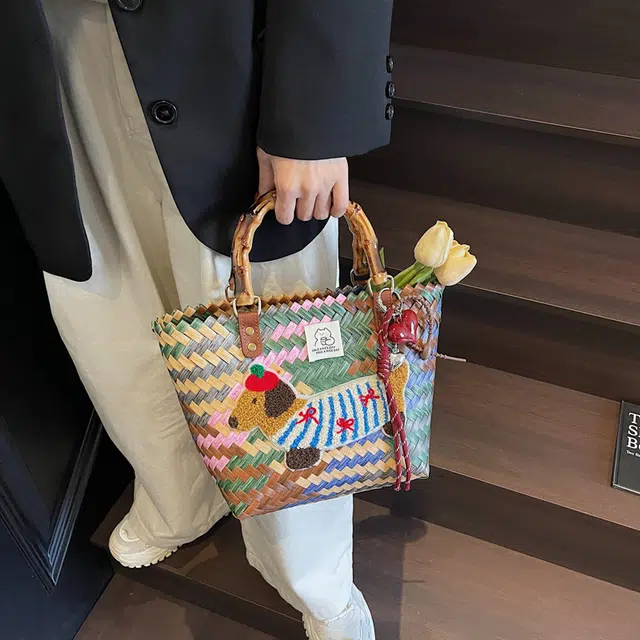 笛贝嘉 小众可爱设计感菜篮子竹节可爱小狗重工 草编 手提包 女款 多色