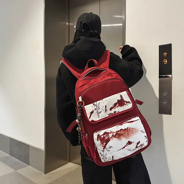 笛贝嘉 水墨印花大容量休闲百搭中国风时尚 尼龙 双肩包 男女同款情侣款 多色