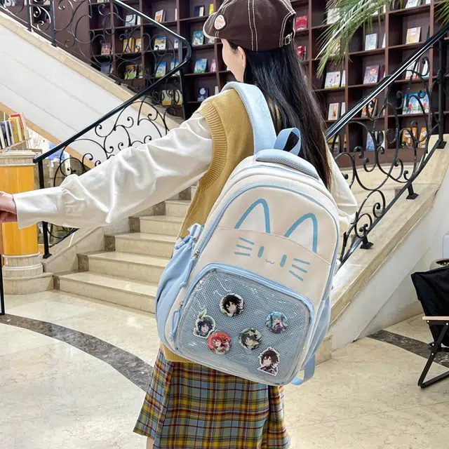 笛贝嘉 韩版可爱清新猫咪大容量森系百搭 复合布 双肩包 男女同款情侣款 多色