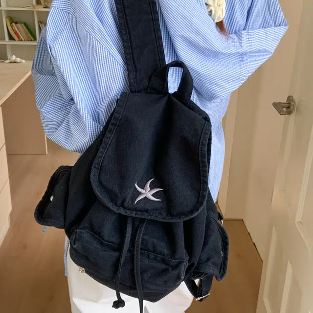 笛贝嘉 日系复古原宿抽绳大容量背包学生书包通勤百搭简约 帆布 双肩包 男女同款情侣款 黑色/灰色