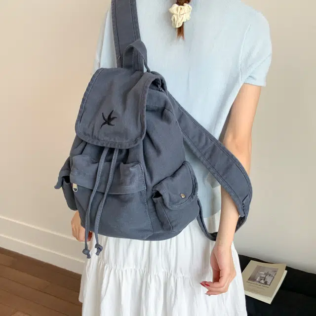 笛贝嘉 日系复古原宿抽绳大容量背包学生书包通勤百搭简约 帆布 双肩包 男女同款情侣款 黑色/灰色