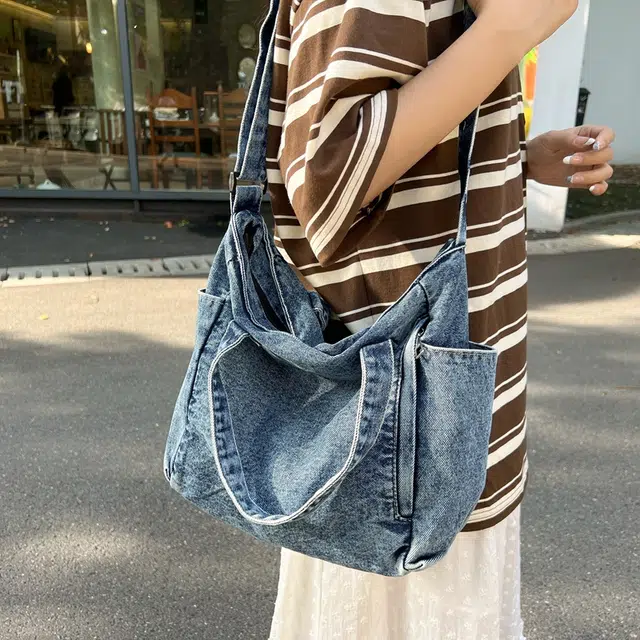笛贝嘉 日系原宿风手提学生上课包单肩包女 牛仔布 斜挎包 常规 男女同款情侣款 蓝色