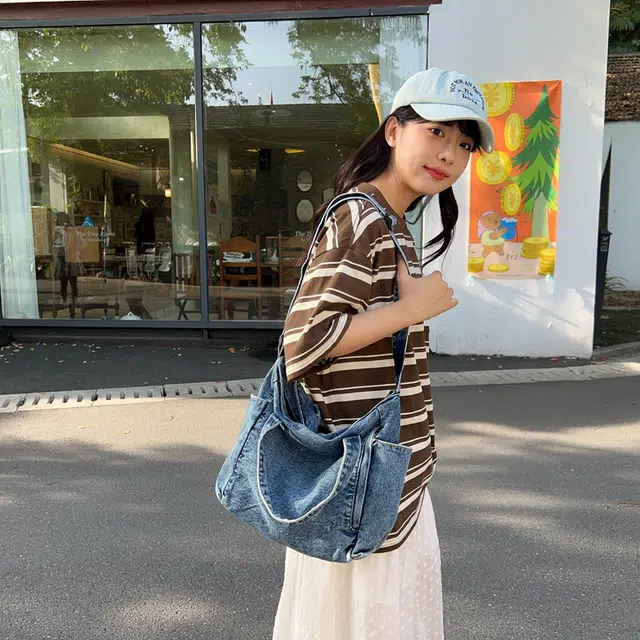 笛贝嘉 日系原宿风手提学生上课包单肩包女 牛仔布 斜挎包 常规 男女同款情侣款 蓝色