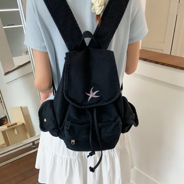笛贝嘉 日系复古原宿抽绳大容量背包学生书包通勤百搭简约 帆布 双肩包 男女同款情侣款 黑色/灰色
