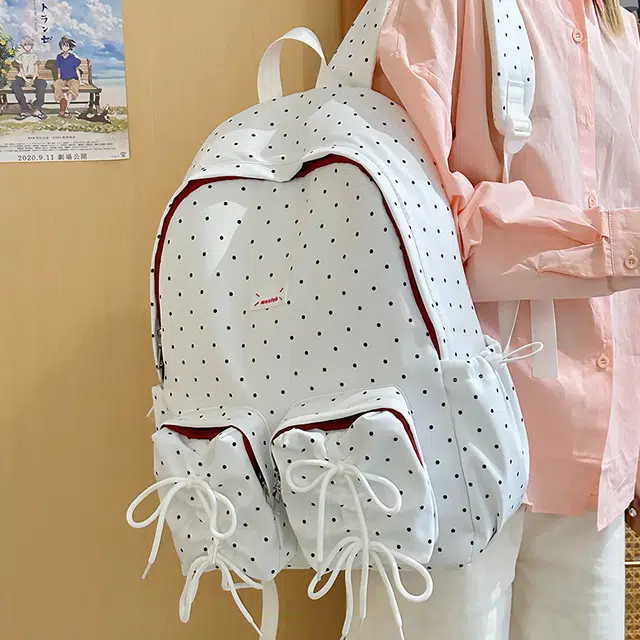 笛贝嘉 韩版森系波点蝴蝶初中生高中学生百搭轻便 尼龙 双肩包 女款 白色/黑色/蓝色
