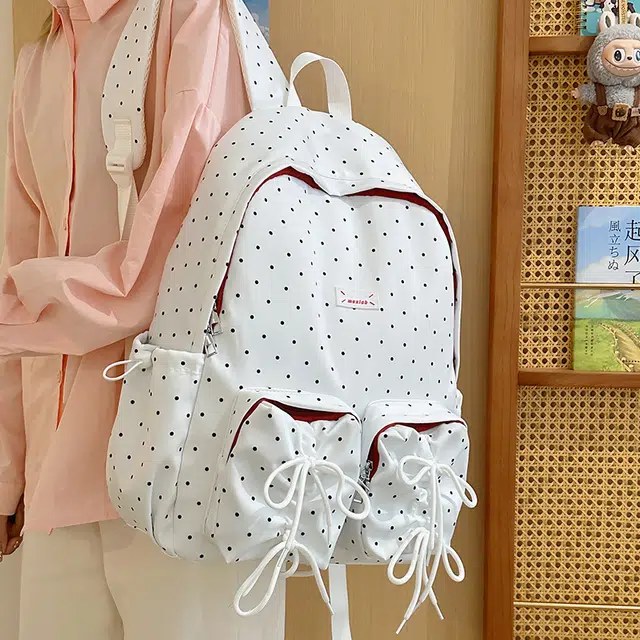 笛贝嘉 韩版森系波点蝴蝶初中生高中学生百搭轻便 尼龙 双肩包 女款 白色/黑色/蓝色